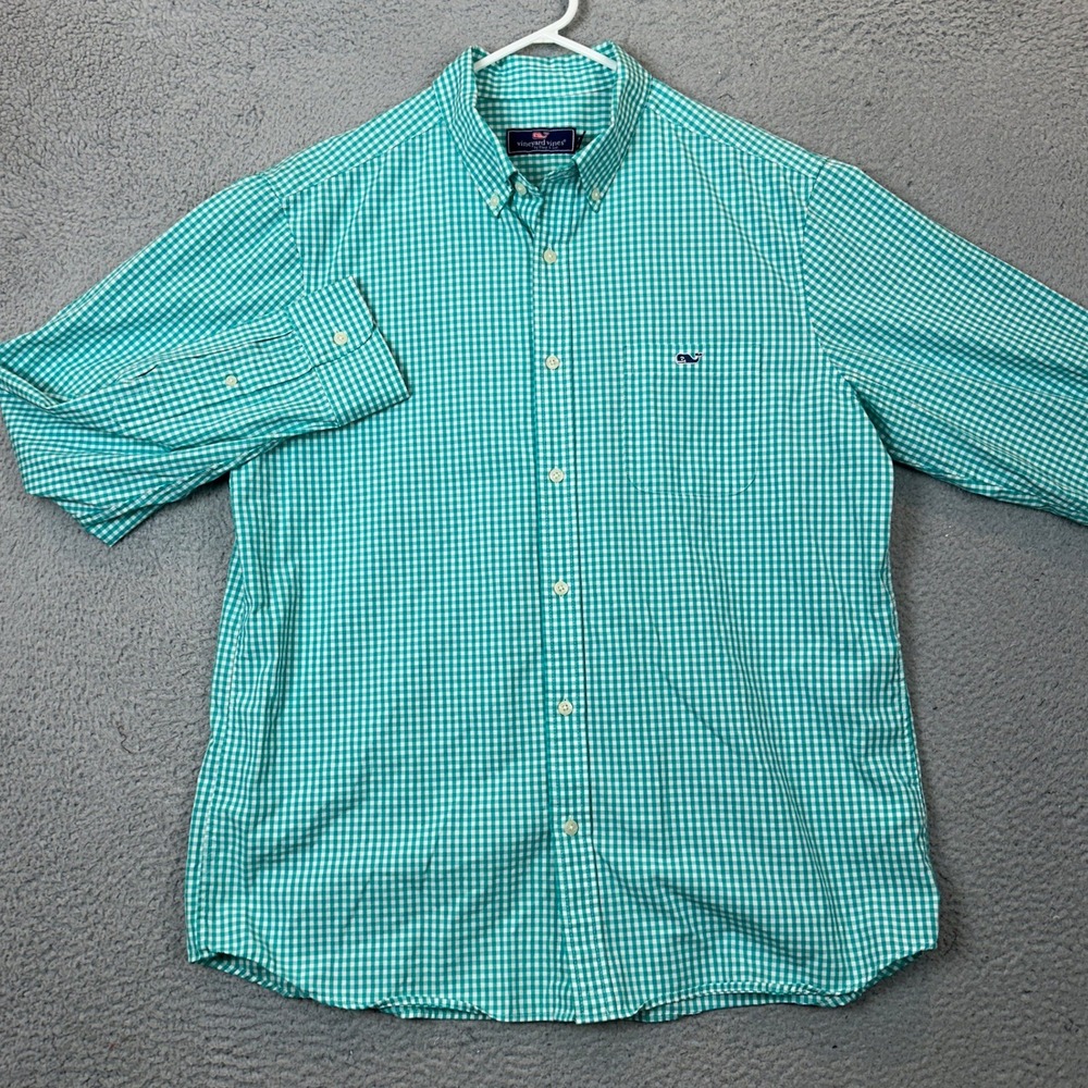 Vineyard Vines Shirt Mens Large Green Gingham Check Stretch Button Down Logo EUC